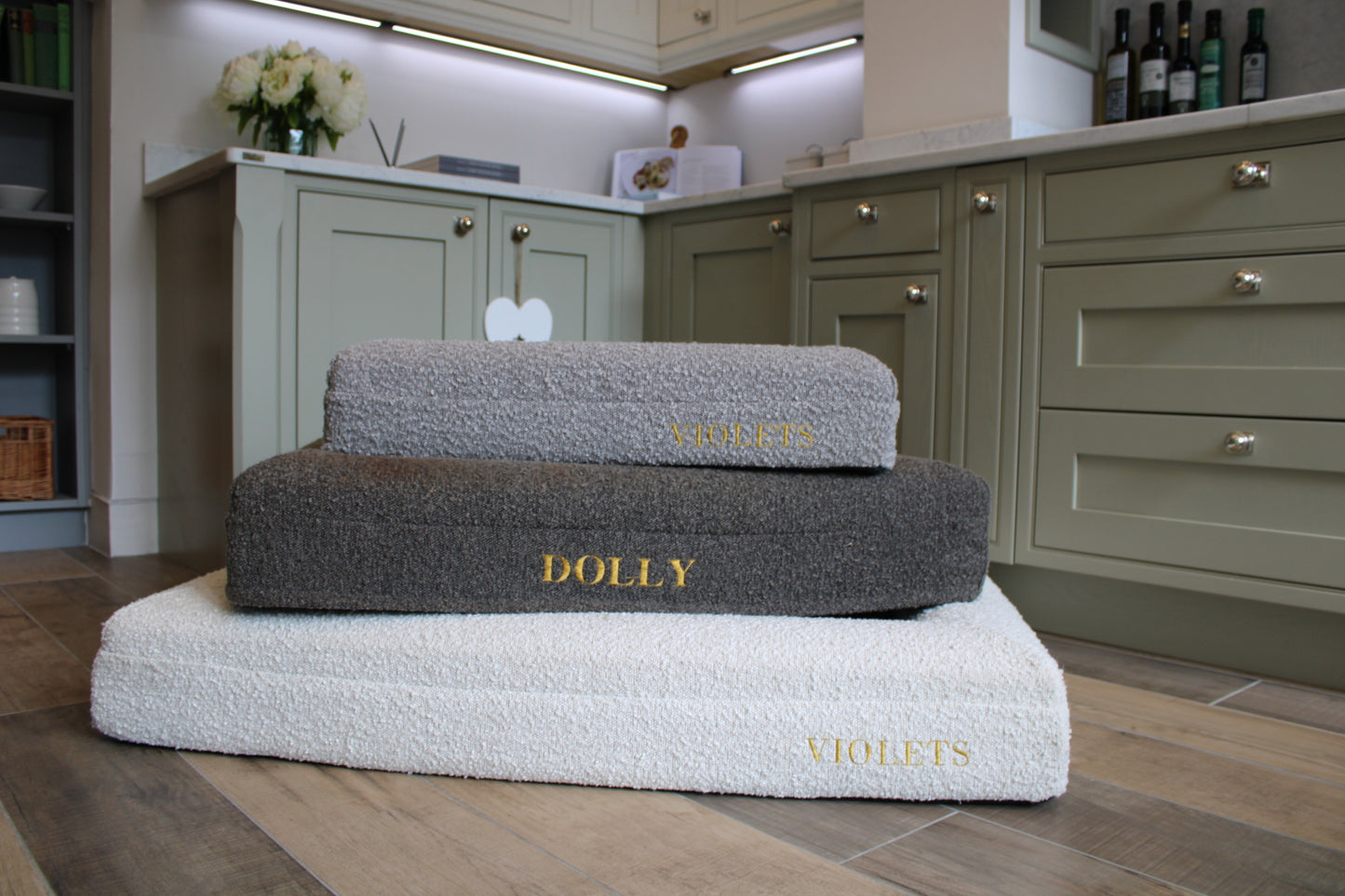 Personalised Oatmeal Traditional Luxury Orthopaedic Personalised Bouclé Dog Bed