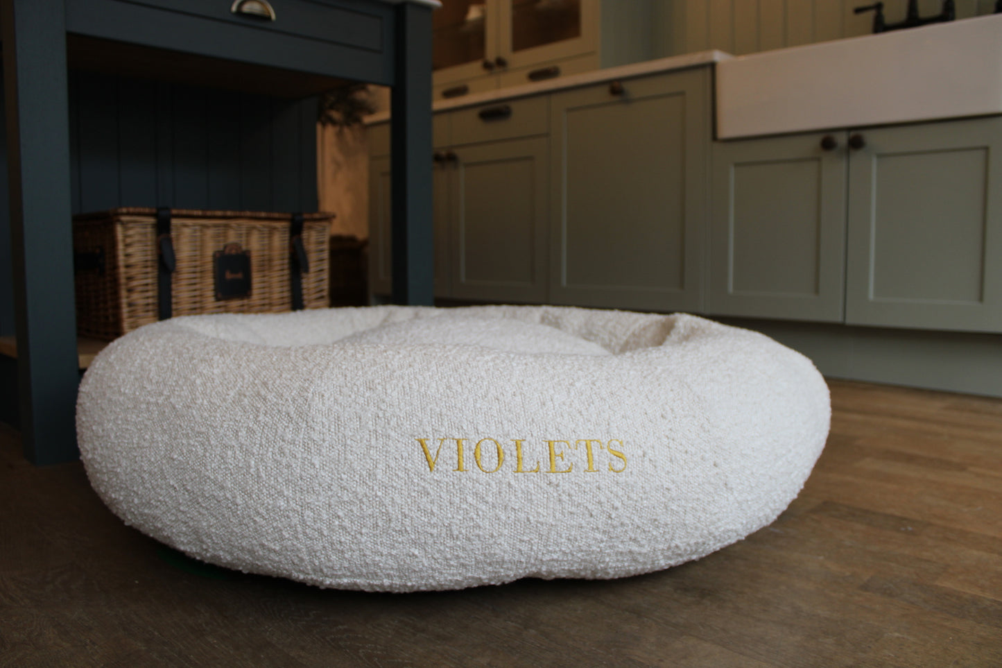Personalised Oatmeal Circular Luxury Orthopaedic Personalised Bouclé Dog Bed