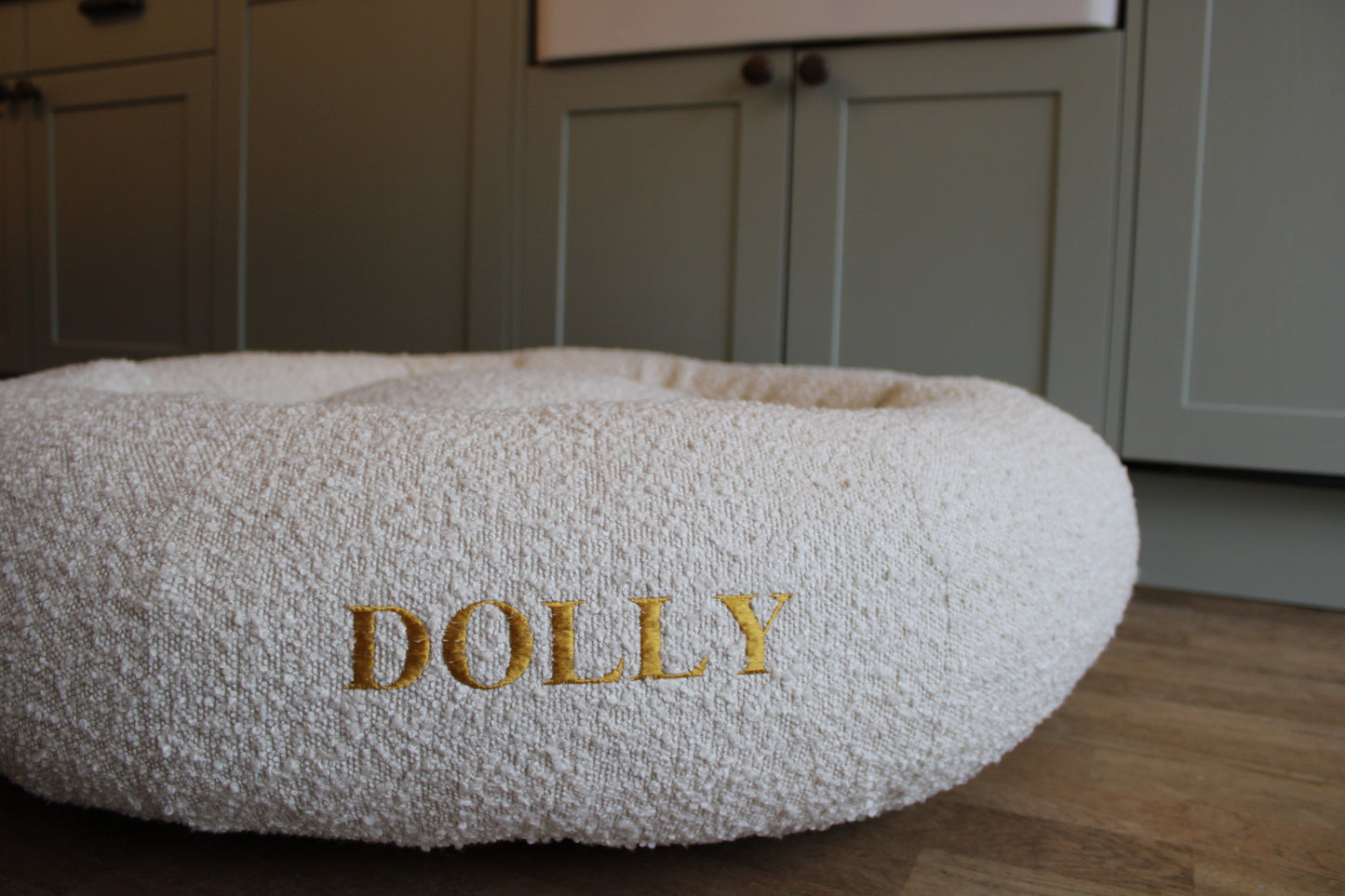 Personalised Oatmeal Circular Luxury Orthopaedic Personalised Bouclé Dog Bed