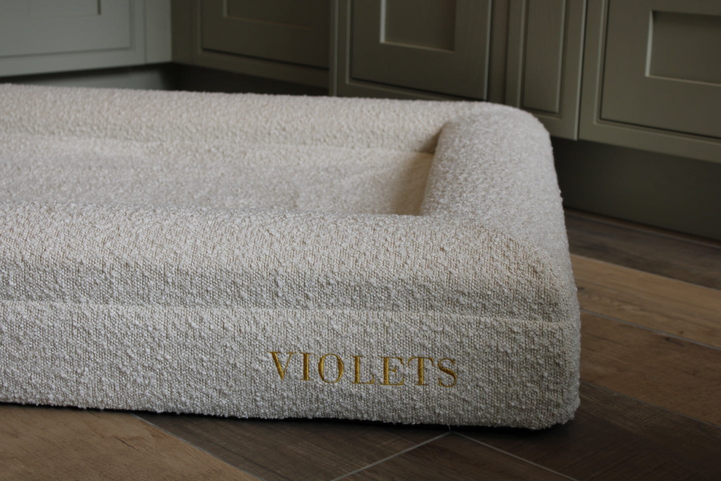 Personalised Oatmeal Traditional Luxury Orthopaedic Personalised Bouclé Dog Bed