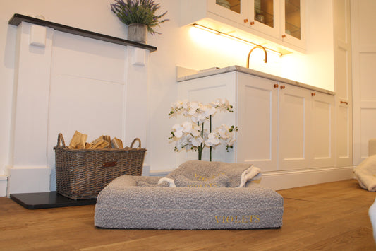 Personalised Soft Grey Traditional   Luxury Orthopaedic Personalised Bouclé Dog Bed