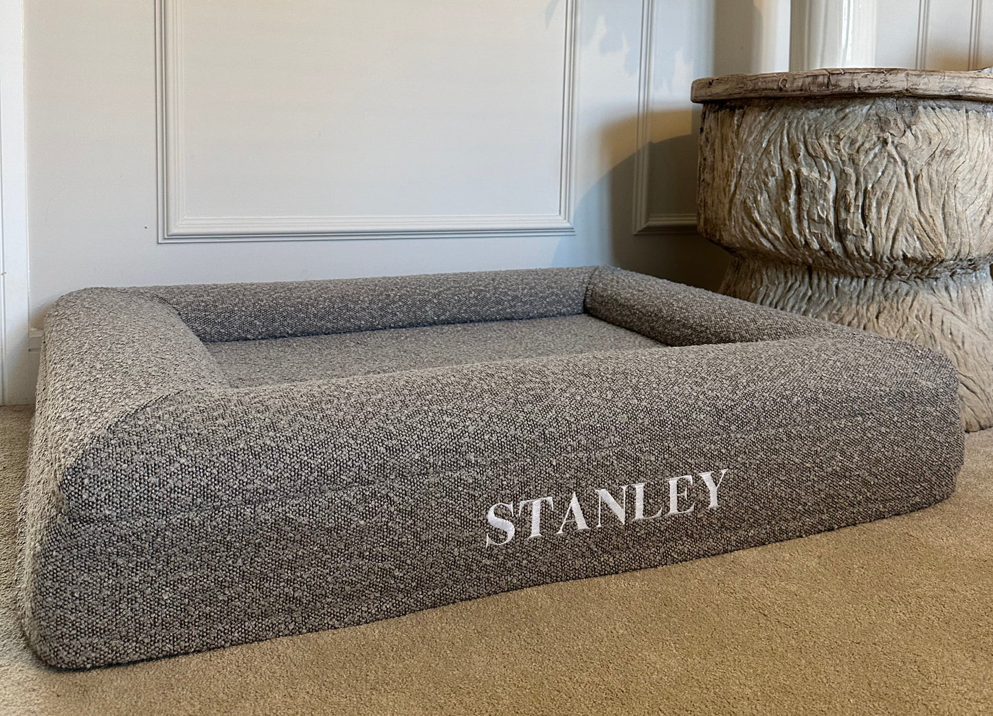 Personalised Soft Grey Traditional   Luxury Orthopaedic Personalised Bouclé Dog Bed