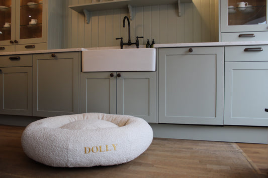Personalised Oatmeal Circular Luxury Orthopaedic Personalised Bouclé Dog Bed