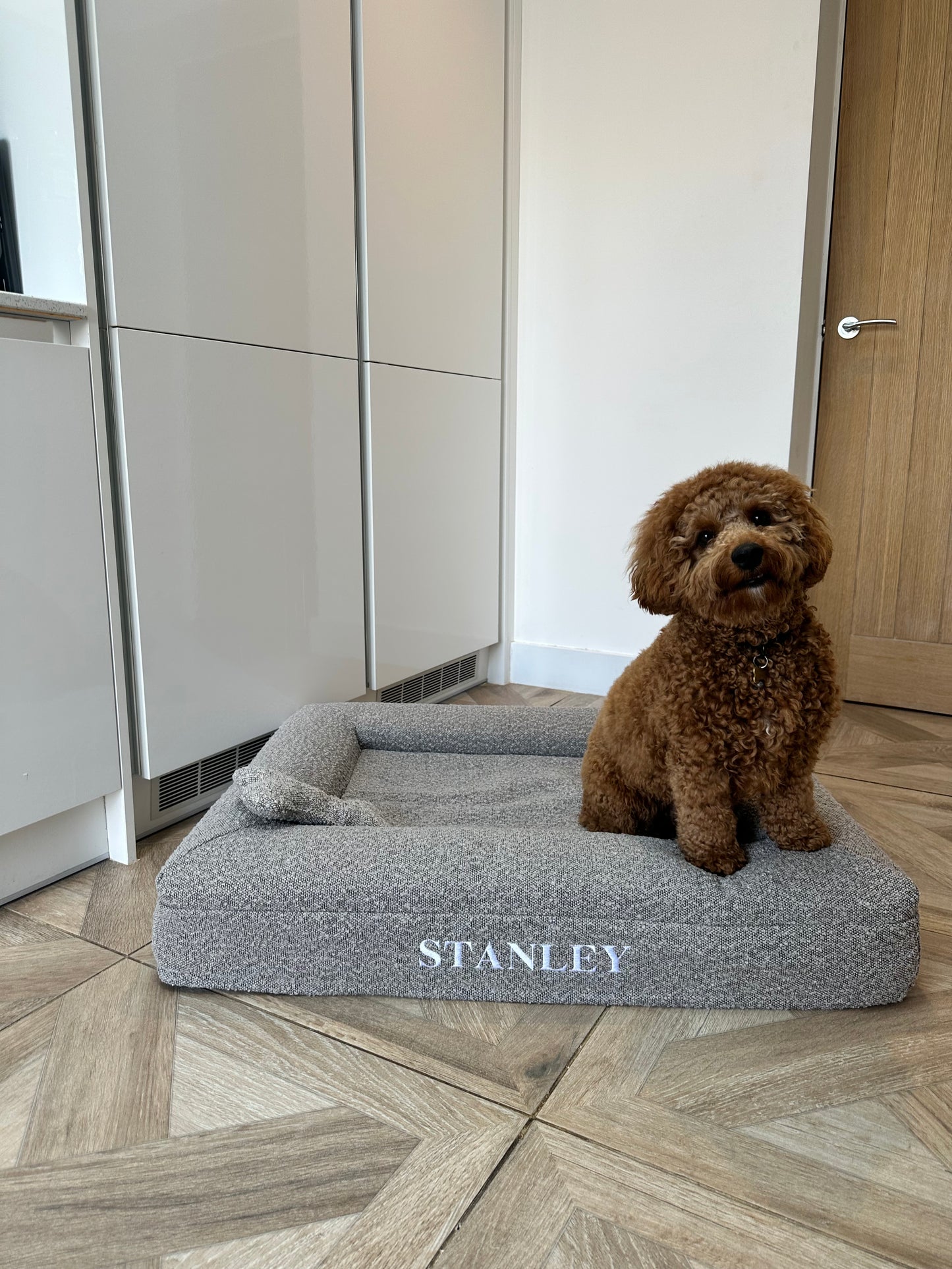 Personalised Soft Grey Traditional   Luxury Orthopaedic Personalised Bouclé Dog Bed