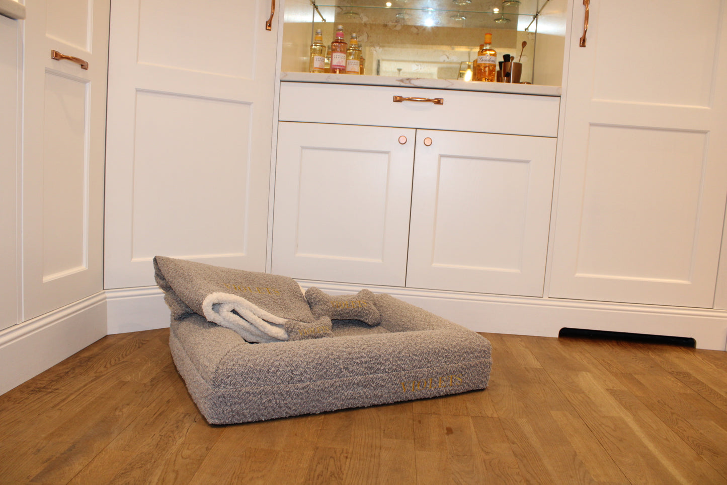 Personalised Soft Grey Traditional   Luxury Orthopaedic Personalised Bouclé Dog Bed