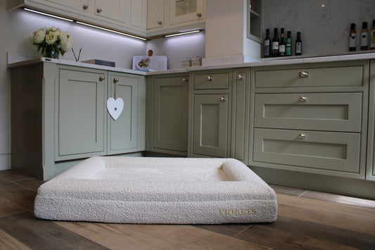 Personalised Oatmeal Traditional Luxury Orthopaedic Personalised Bouclé Dog Bed