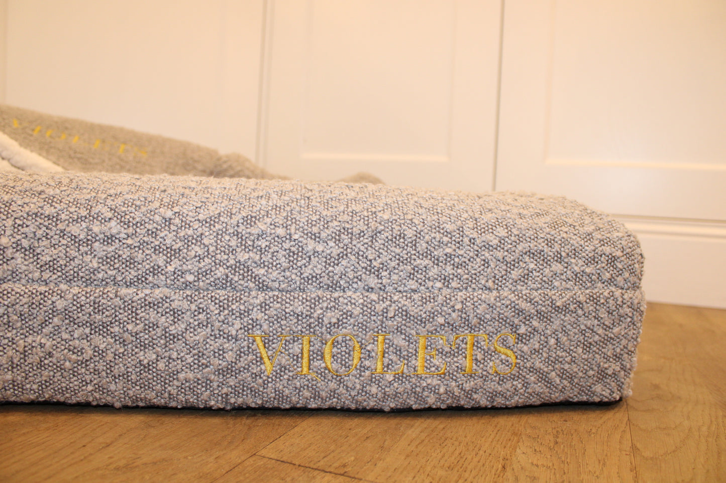 Personalised Soft Grey Traditional   Luxury Orthopaedic Personalised Bouclé Dog Bed